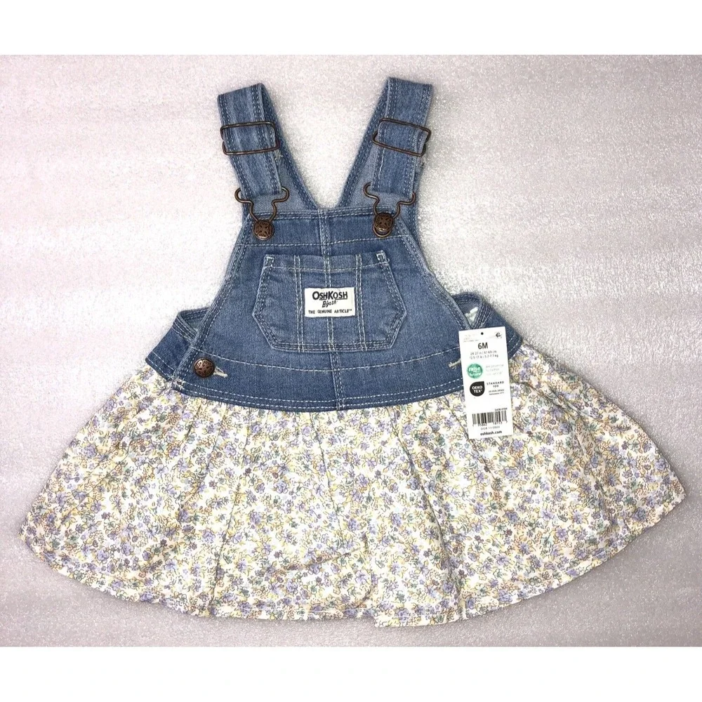 Oshkosh Baby Girl Floral Print Denim‎ Jumper Overall Dress Size 6 Months NEW